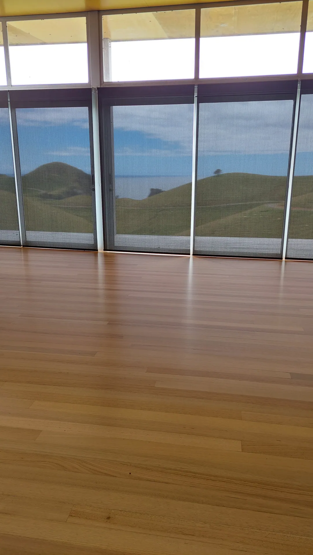 Blond timber floor facing a hill view.