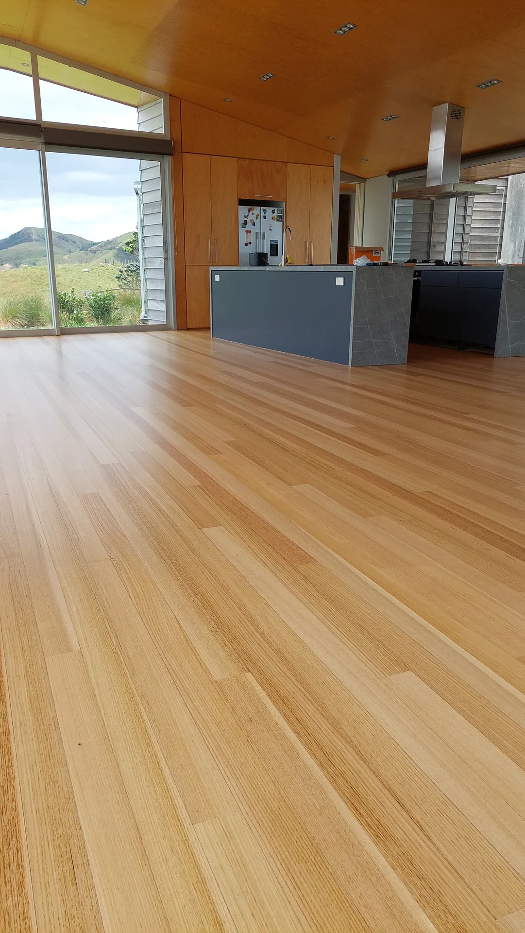 Blond timber floor in a kitchen with hill views.