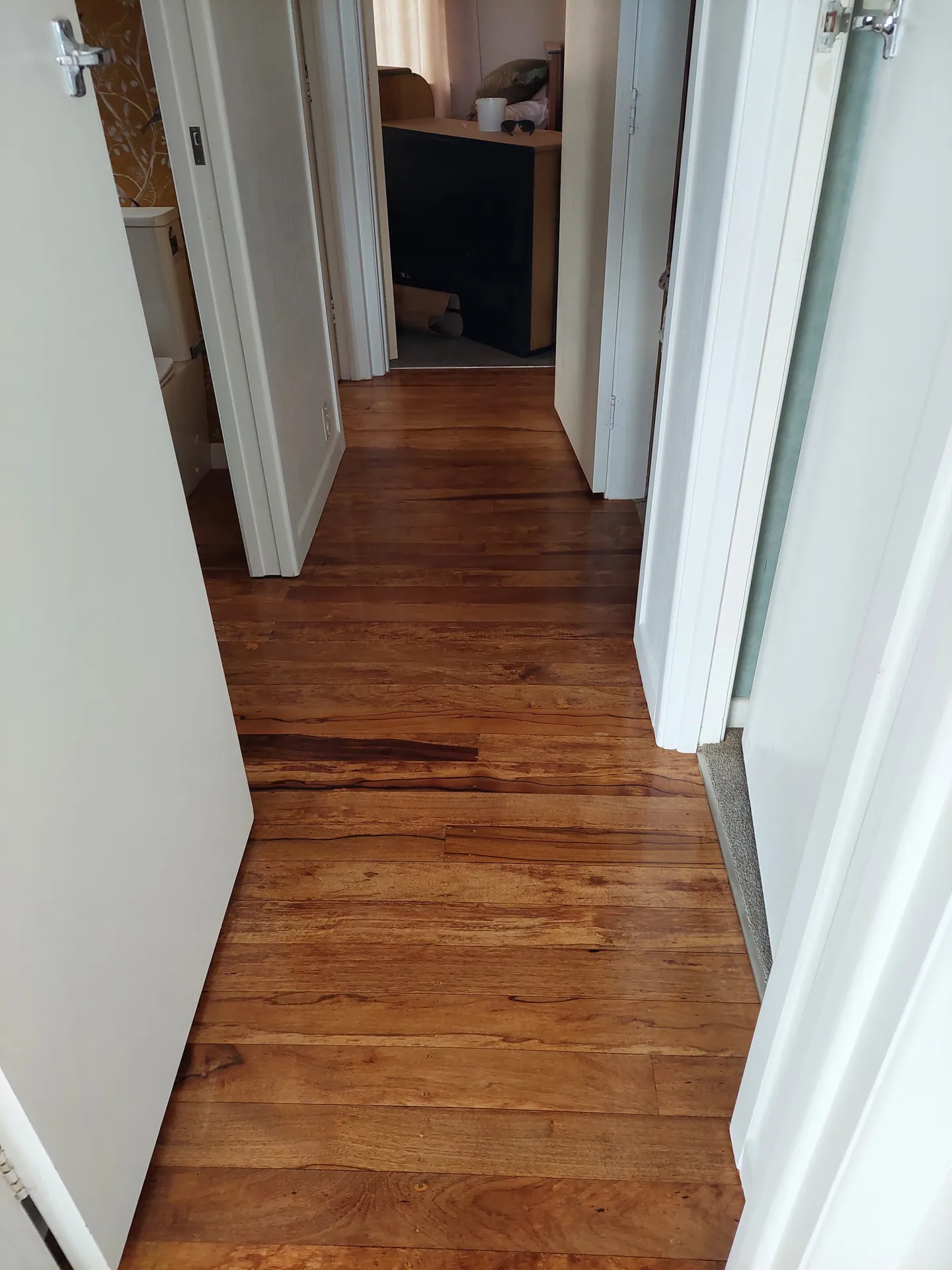 Hallway with rich brown native timber floorboards between white doors.