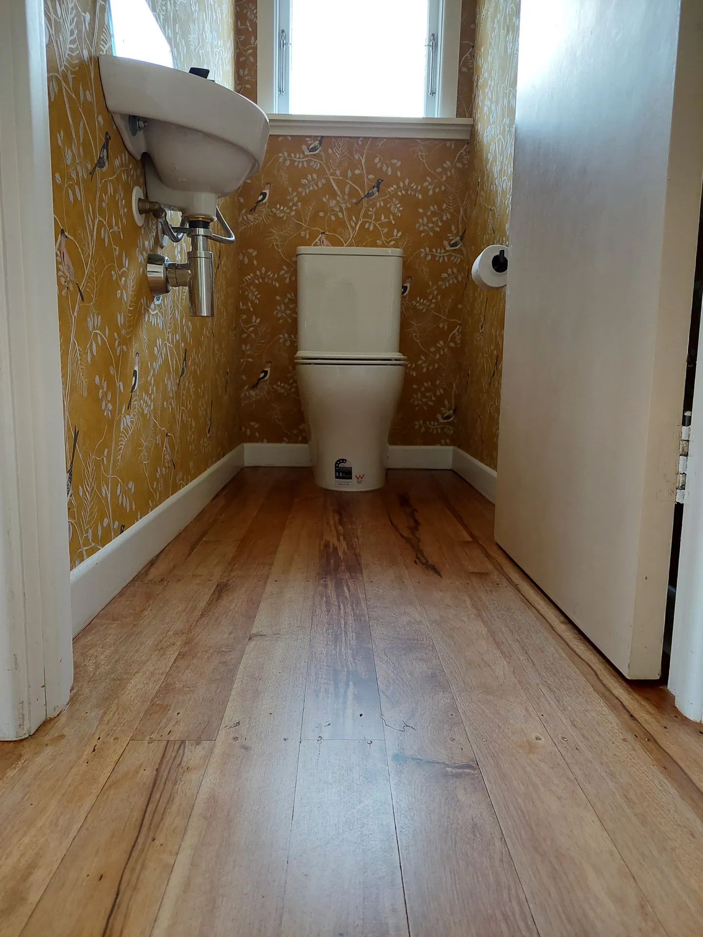 Refinished native timber floor in a small toilet room with gold bird wallpaper and a wall basin.