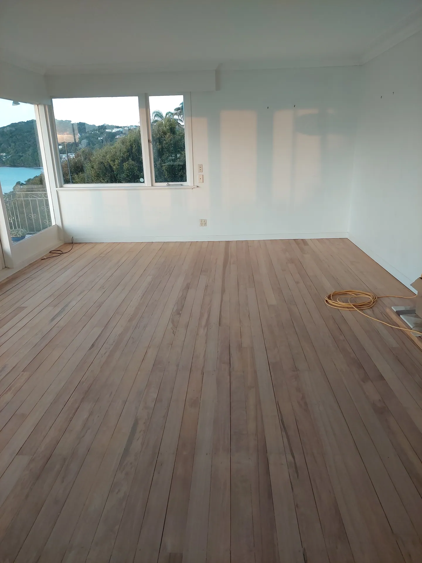 Freshly sanded timber floor in an empty room with windows looking out to trees and water.