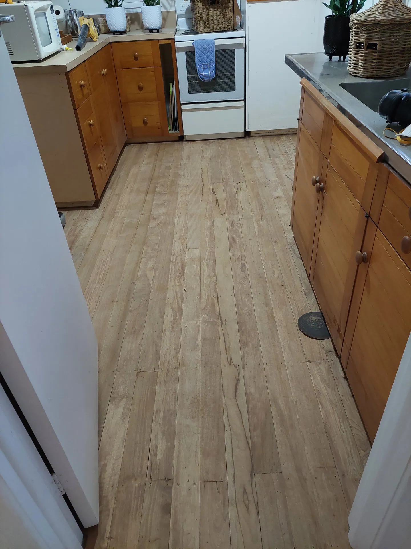 Freshly sanded native timber floorboards running through a galley kitchen with timber cabinets.